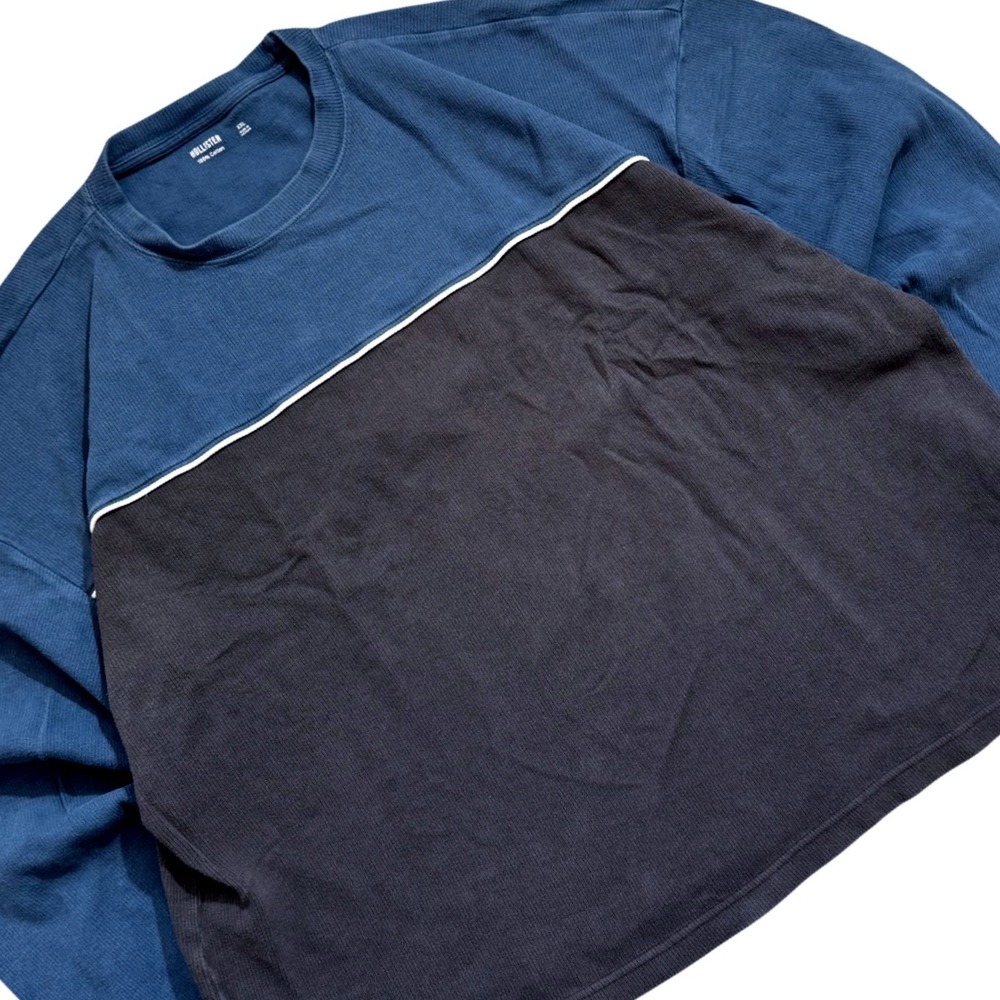 Hollister Mens XXL Blue Grey Colorblock Ribbed Long Sleeve Cotton T-Shirt